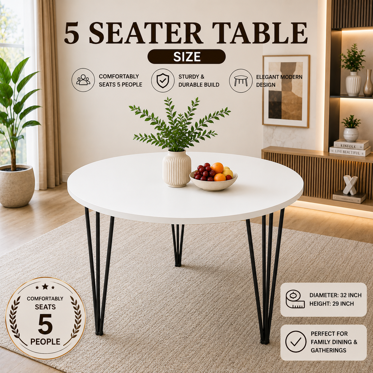 Premium Round Dining Table Set for Home & Café,  Round Dining Table Set with 5 Eames Chairs, Nordic Style Round Dining Table Set – Black & White Chairs