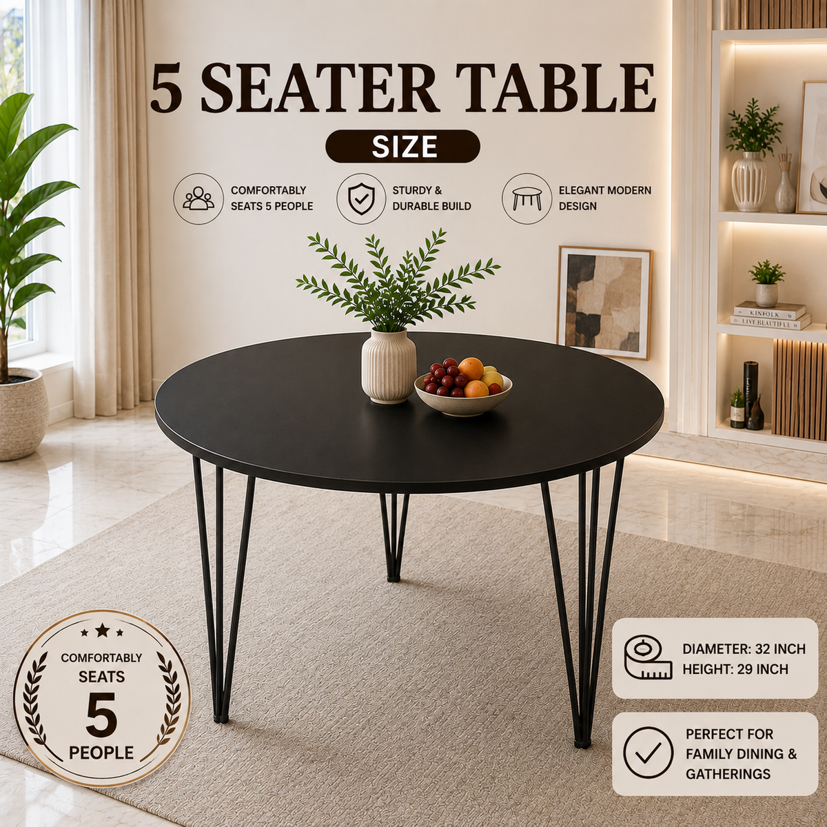 Premium Round Dining Table Set for Home & Café,  Round Dining Table Set with 5 Eames Chairs, Nordic Style Round Dining Table Set – Black & White Chairs