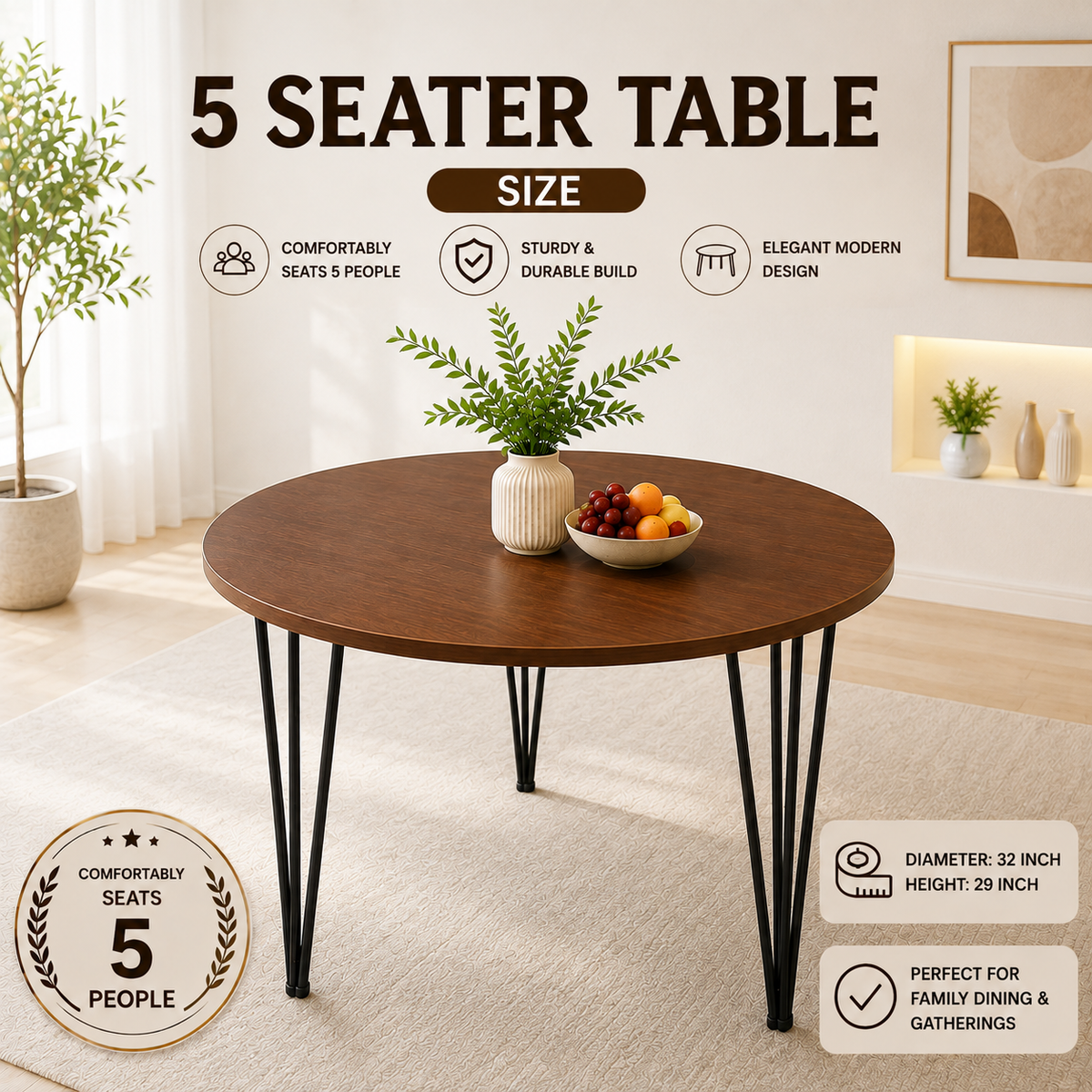 Premium Round Dining Table Set for Home & Café,  Round Dining Table Set with 5 Eames Chairs, Nordic Style Round Dining Table Set – Black & White Chairs