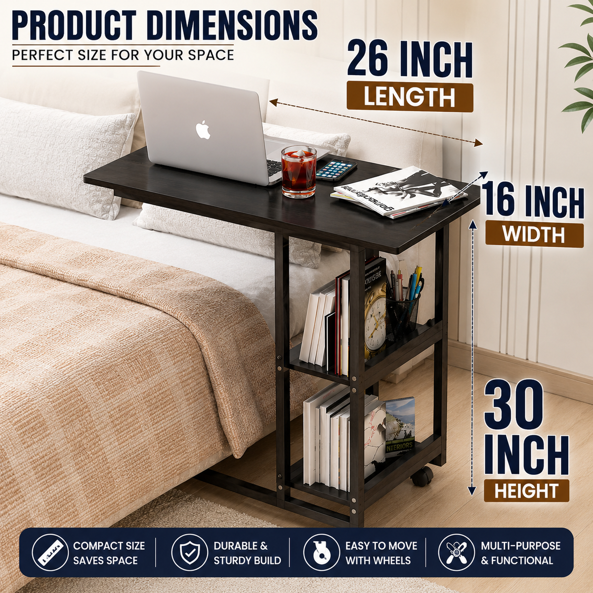 Multifunctional  Laptop Bedside Table with Book Rack – Mobile & Study or bedside eating  movable Desk table, Iron wood elegant quality table for bedside use, lifelong durable quality table