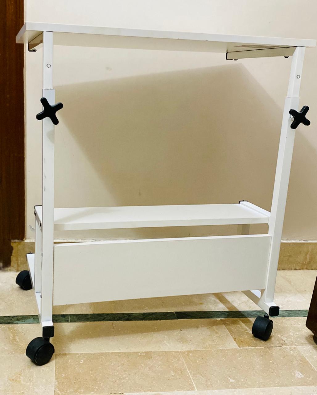 Modern Bedside Laptop and study table  with Storage Shelf ,  Compact Overbed Rolling and height adjustable Desk table, Charging workstation tables, mobile repairing workstation tables, medical hospital patient use table and multi-uses table
