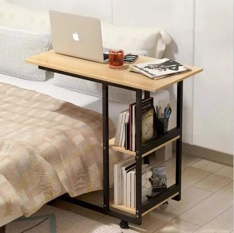 Multifunctional  Laptop Bedside Table with Book Rack – Mobile & Study or bedside eating  movable Desk table, Iron wood elegant quality table for bedside use, lifelong durable quality table