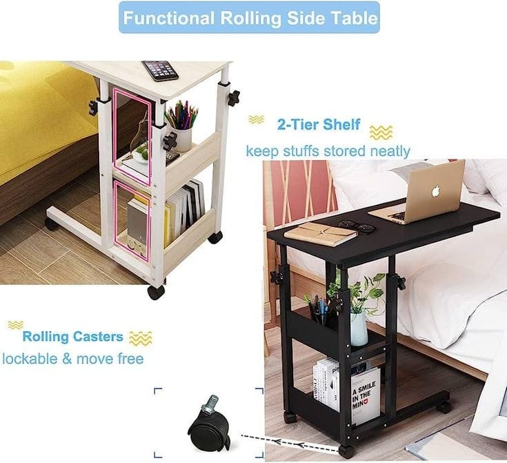 Multifunctional  Laptop Bedside Table with Book Rack – Mobile & Study or bedside eating  movable Desk table, Iron wood elegant quality table for bedside use, lifelong durable quality table