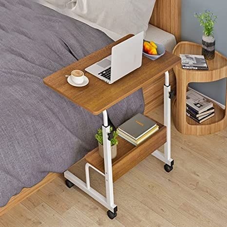 Modern Bedside Laptop and study table  with Storage Shelf ,  Compact Overbed Rolling and height adjustable Desk table, Charging workstation tables, mobile repairing workstation tables, medical hospital patient use table and multi-uses table