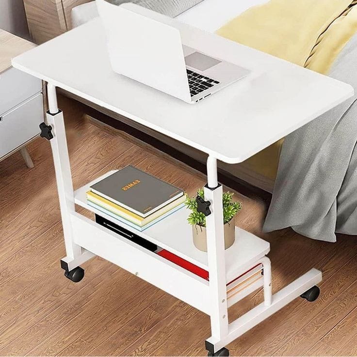 Modern Bedside Laptop and study table  with Storage Shelf ,  Compact Overbed Rolling and height adjustable Desk table, Charging workstation tables, mobile repairing workstation tables, medical hospital patient use table and multi-uses table