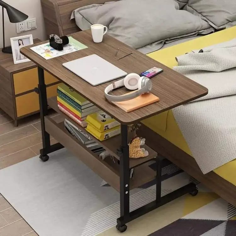 Modern Bedside Laptop and study table  with Storage Shelf ,  Compact Overbed Rolling and height adjustable Desk table, Charging workstation tables, mobile repairing workstation tables, medical hospital patient use table and multi-uses table