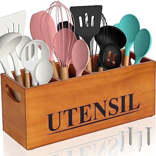 Wooden Kitchen Utensil Holder Box – Countertop Cutlery & Spoon Organizer, Multipurpose Wooden Tool Organizer Box , MDF LAMINATED wood material Utensils storage shelf box