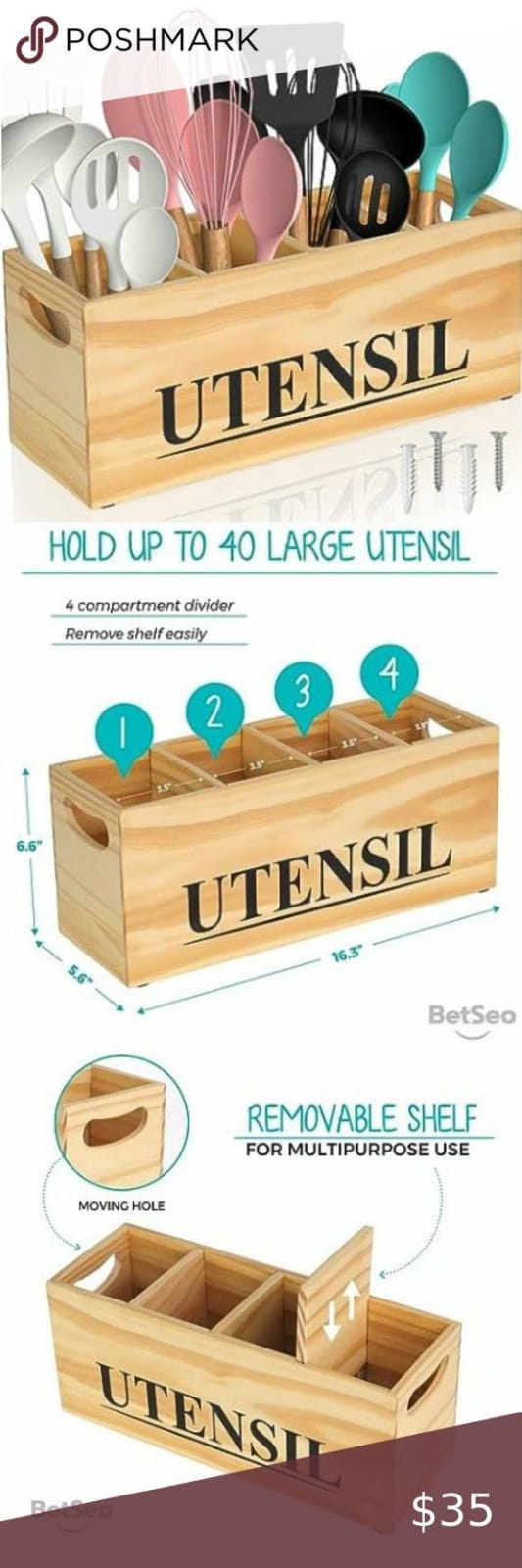Wooden Kitchen Utensil Holder Box – Countertop Cutlery & Spoon Organizer, Multipurpose Wooden Tool Organizer Box , MDF LAMINATED wood material Utensils storage shelf box