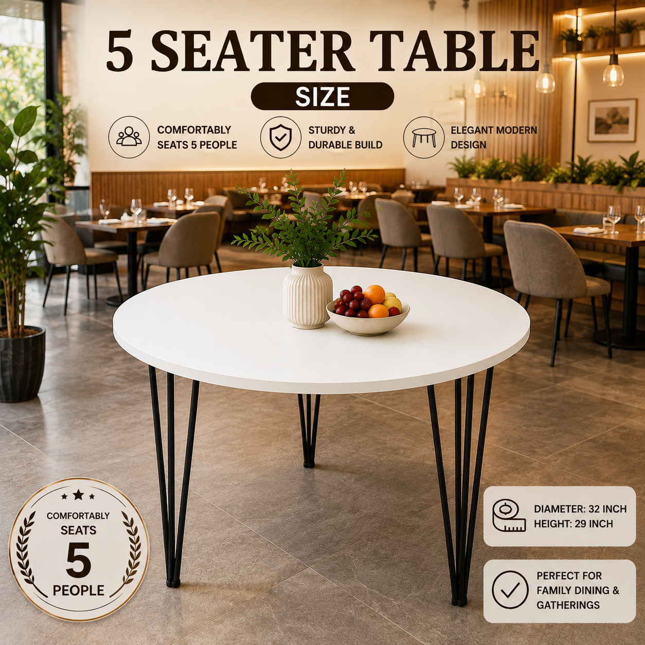 Premium Round Dining Table Set for Home & Café,  Round Dining Table Set with 5 Eames Chairs, Nordic Style Round Dining Table Set – Black & White Chairs