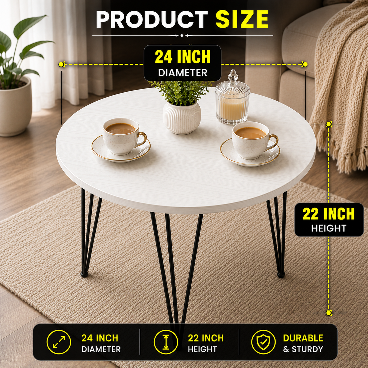 Modern Round Coffee Table, Luxury Style , guest serving drinks table, small eating table, small 2-4 person table, living room table, office use  table, small cafe table, Coffee table for home, 2 FT DIAMETER  rounded with 22 inch height,