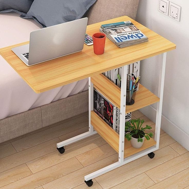 Multifunctional  Laptop Bedside Table with Book Rack – Mobile & Study or bedside eating  movable Desk table, Iron wood elegant quality table for bedside use, lifelong durable quality table
