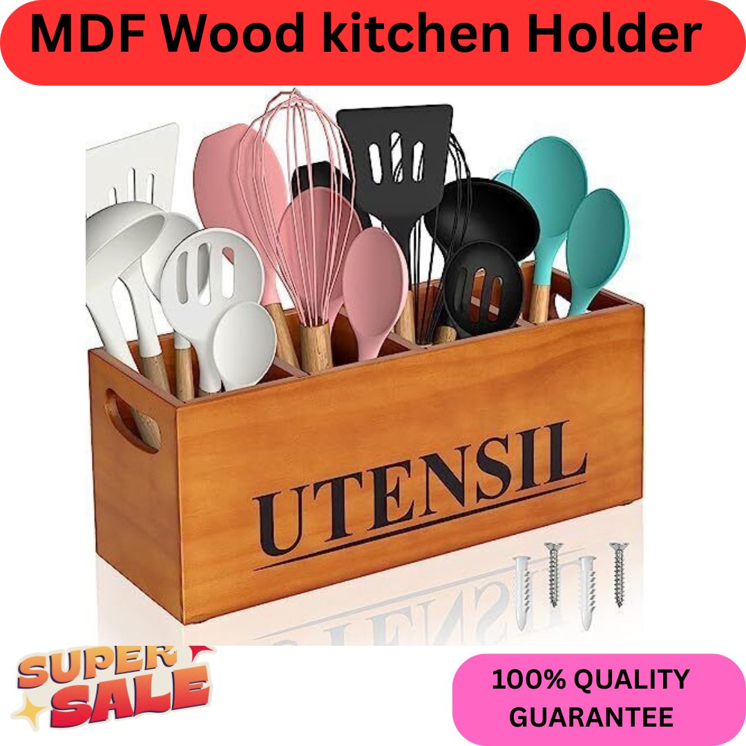 Wooden Kitchen Utensil Holder Box – Countertop Cutlery & Spoon Organizer, Multipurpose Wooden Tool Organizer Box , MDF LAMINATED wood material Utensils storage shelf box